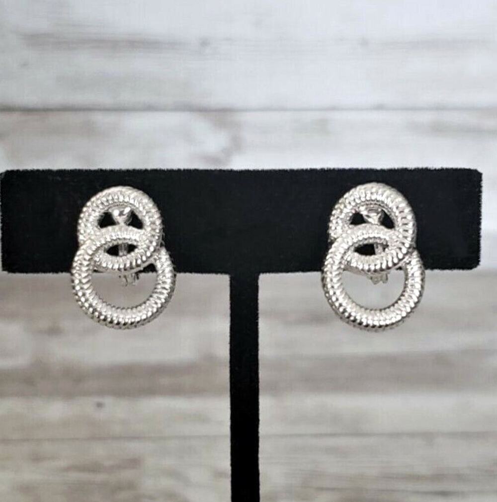 Vintage NWH Clip On Earrings Interlocking Circles Silver Tone